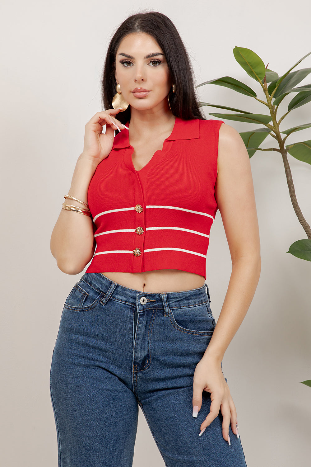 Balboa Fashion Myers Striped Gold-Button Knit Top - Red