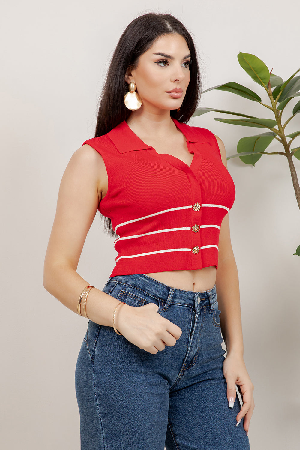Balboa Fashion Myers Striped Gold-Button Knit Top - Red