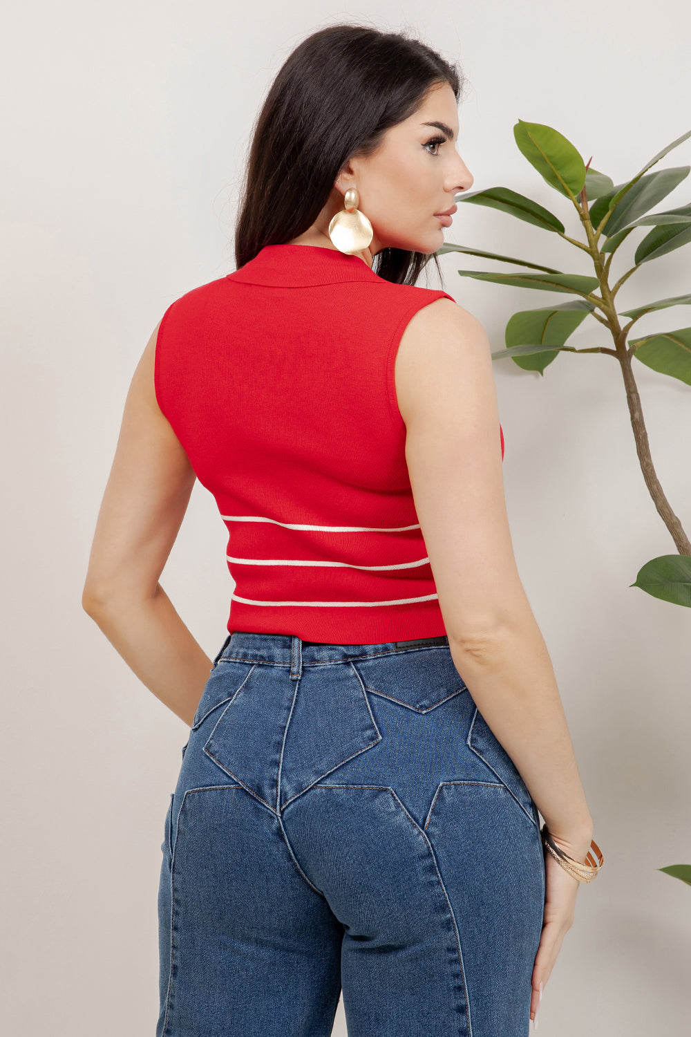 Balboa Fashion Myers Striped Gold-Button Knit Top - Red