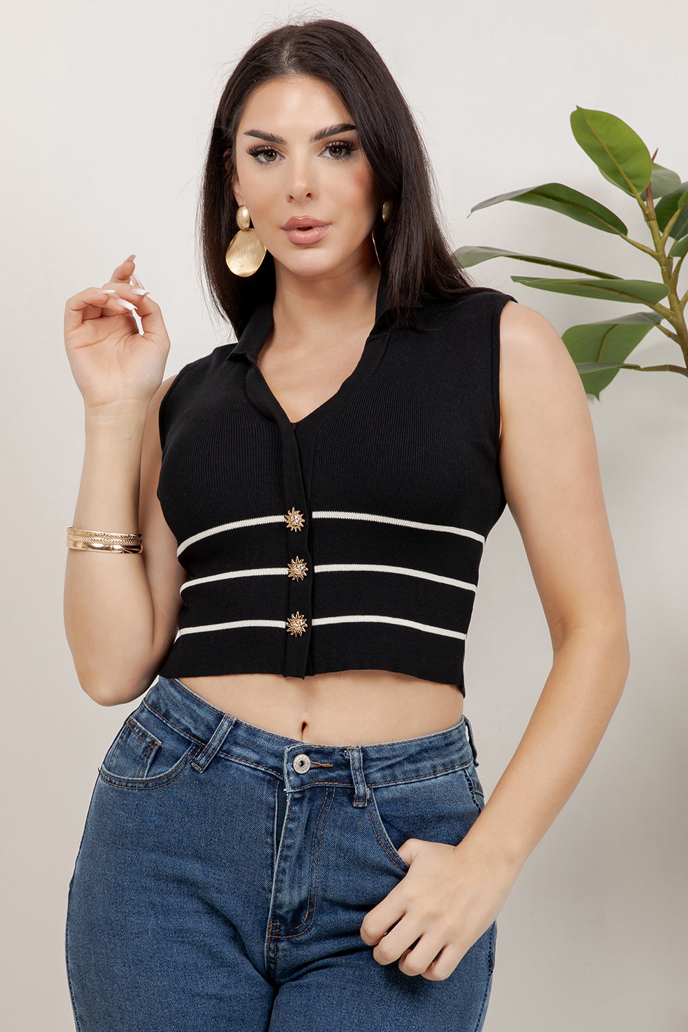 Balboa Fashion Myers Striped Gold-Button Knit Top - Black