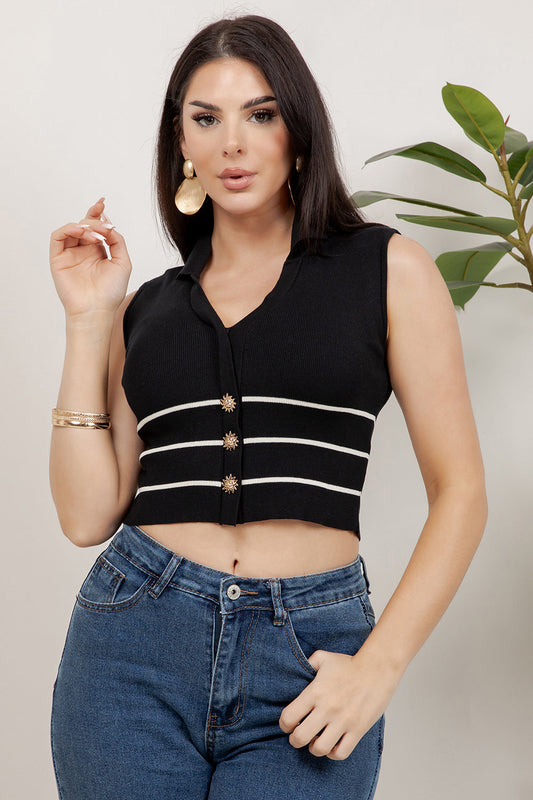 Balboa Fashion Myers Striped Gold-Button Knit Top - Black