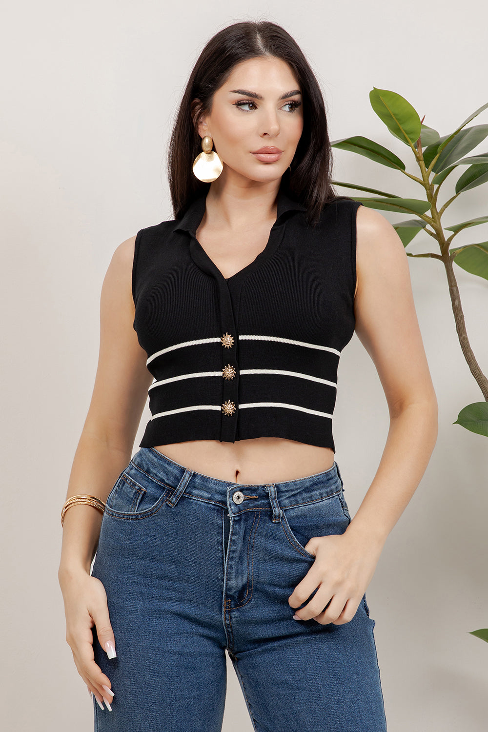 Balboa Fashion Myers Striped Gold-Button Knit Top - Black