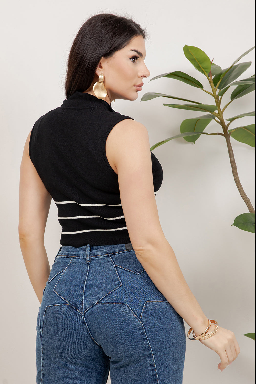 Balboa Fashion Myers Striped Gold-Button Knit Top - Black