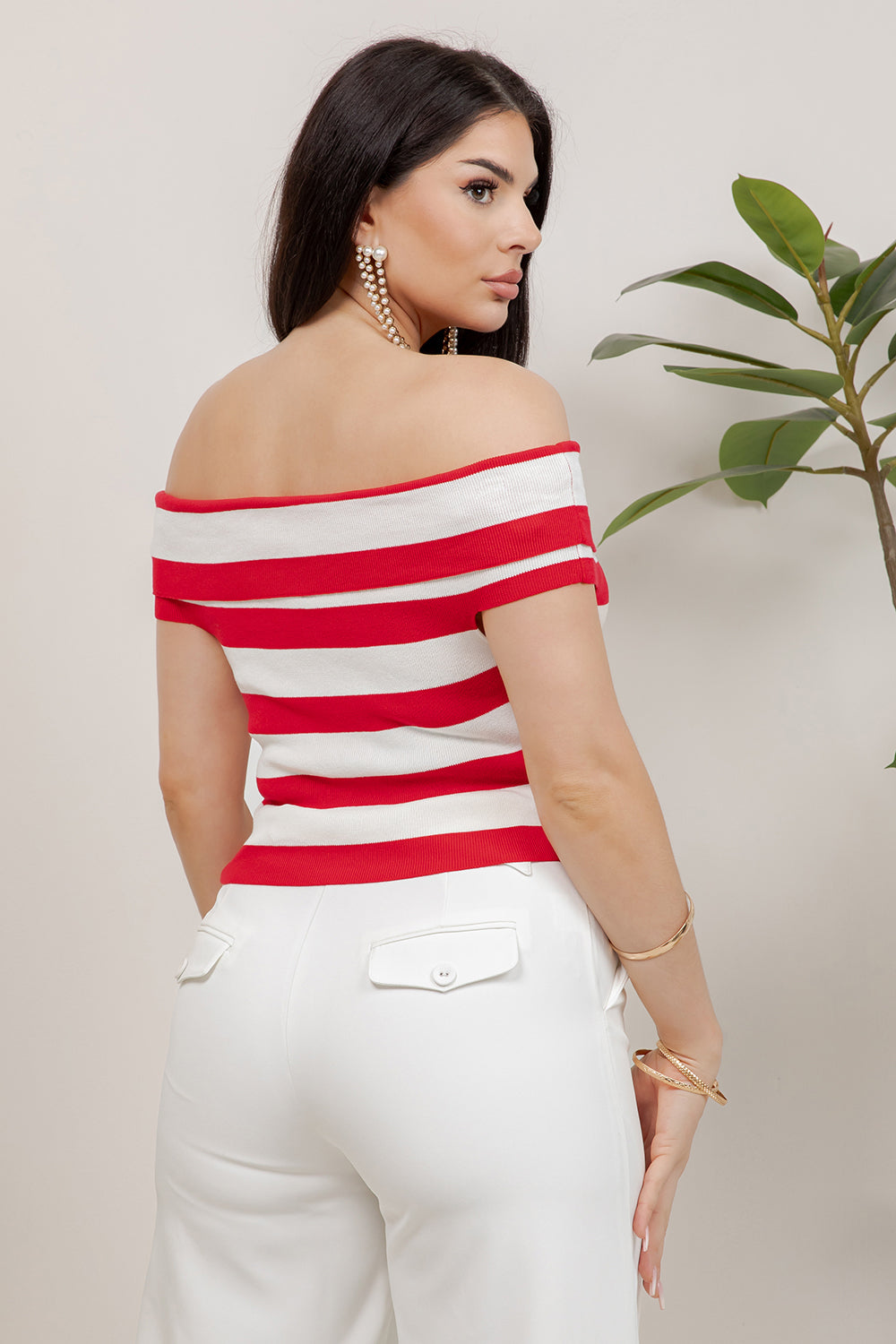 Balboa Fashion Marins Off-Shoulder Striped Knit Top - Red