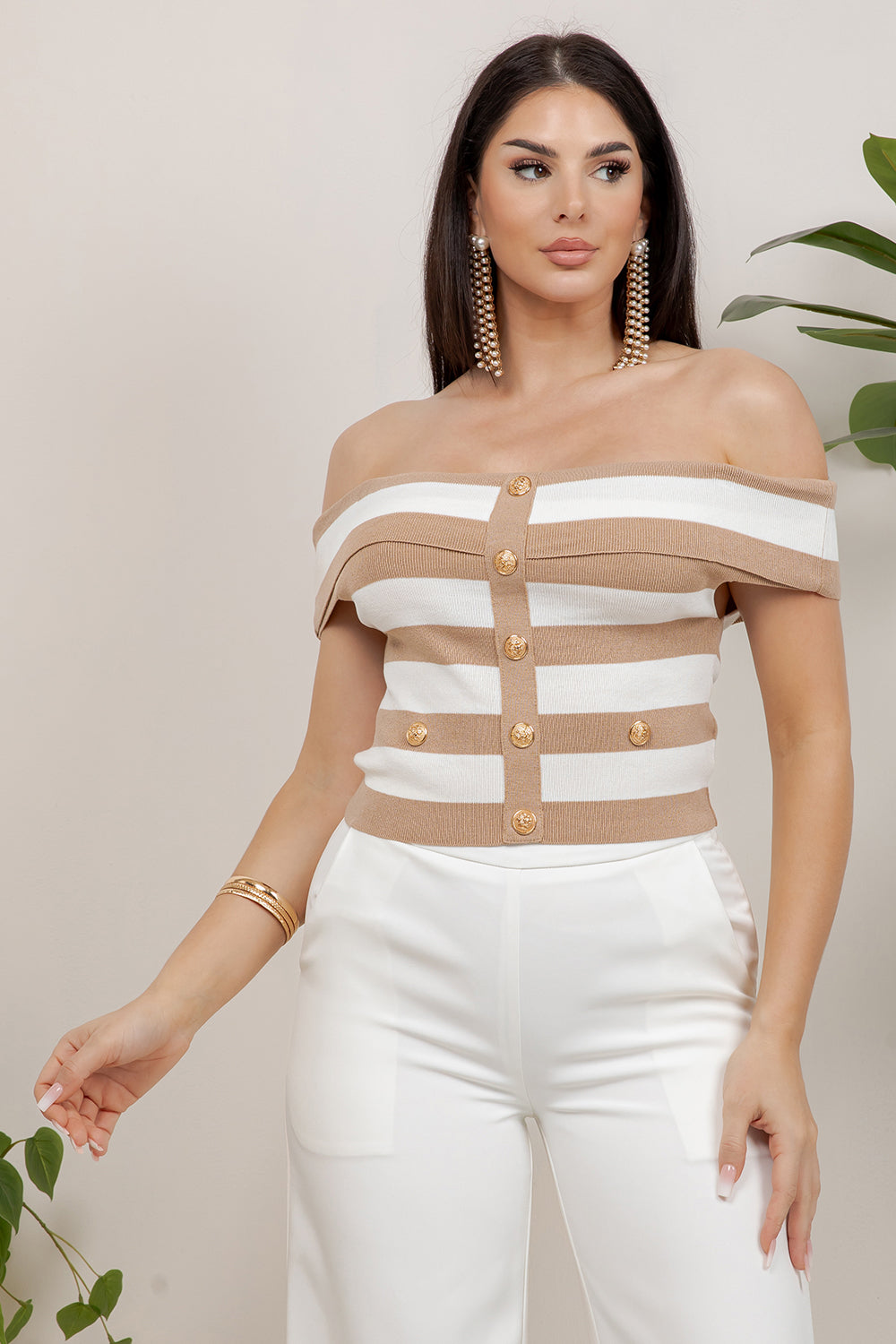 Balboa Fashion Marins Off-Shoulder Striped Knit Top - Beige