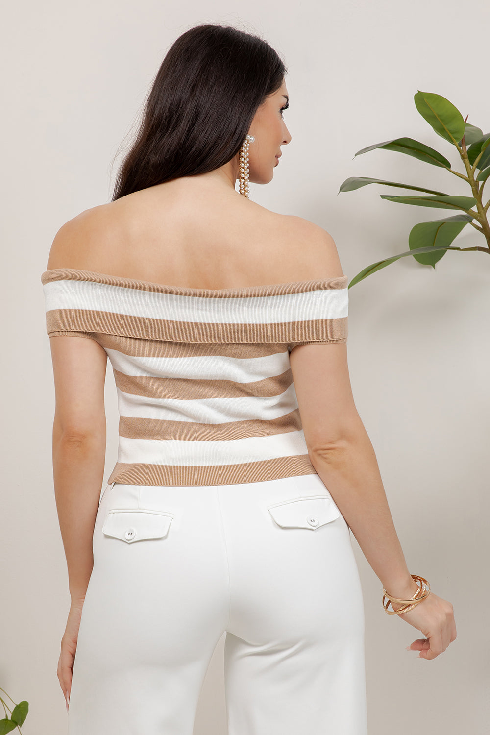 Balboa Fashion Marins Off-Shoulder Striped Knit Top - Beige