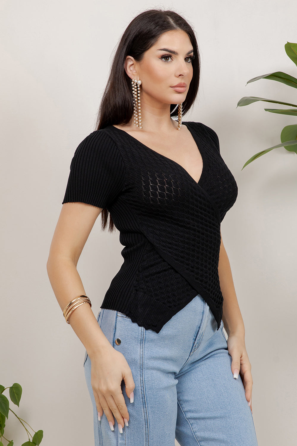 Balboa Fashion Tulipan Textured Cross-Knit Top - Black