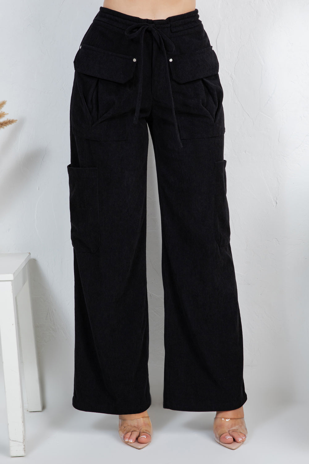 Balboa Fashion Lise High-Waist Corduroy Cargo Pants - Black