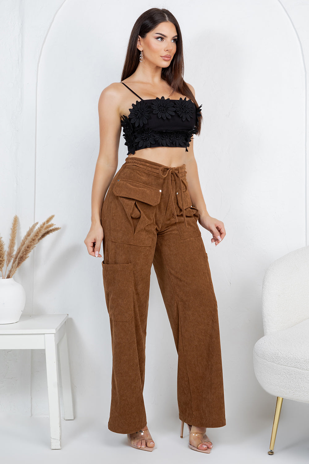 Balboa Fashion Lise High-Waist Corduroy Cargo Pants - Brown