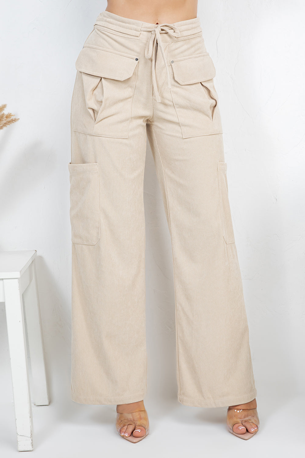 Balboa Fashion Lise High-Waist Corduroy Cargo Pants - Off White