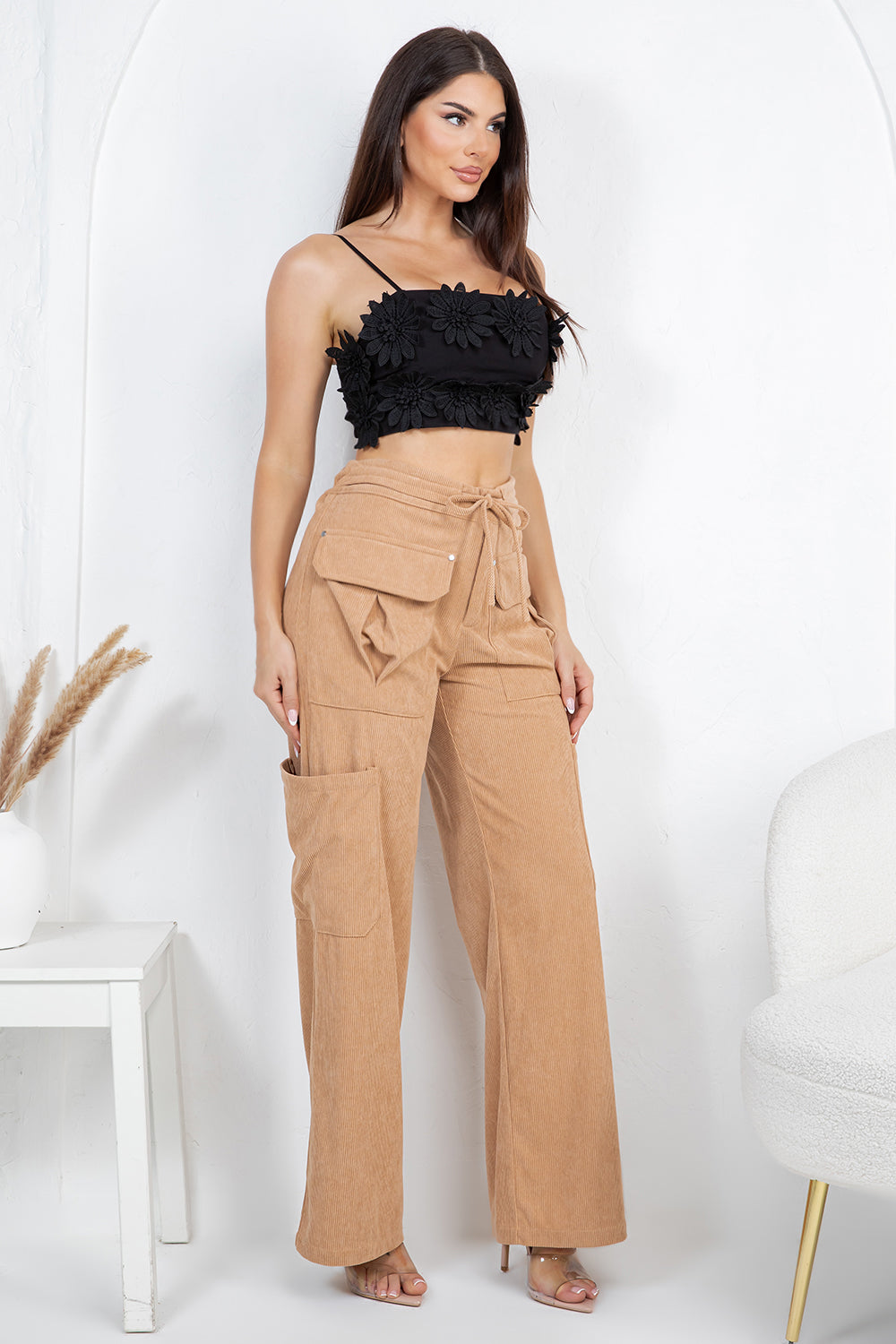 Balboa Fashion Lise High-Waist Corduroy Cargo Pants - Beige