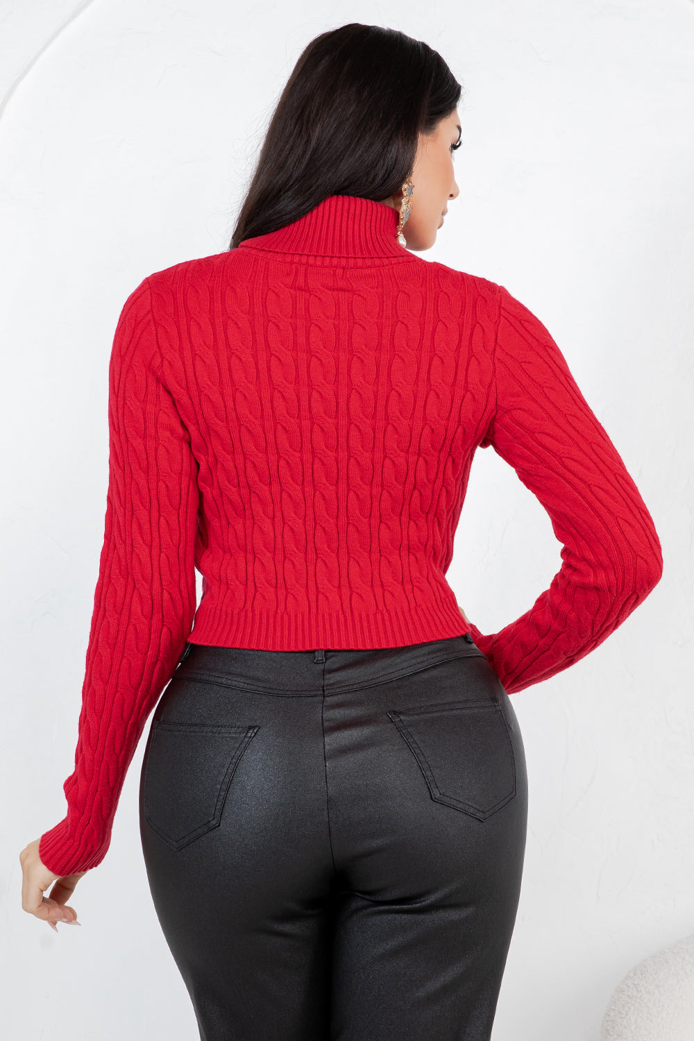 Balboa Fashion Nala Cropped Cable Knit Turtleneck Sweater - Red