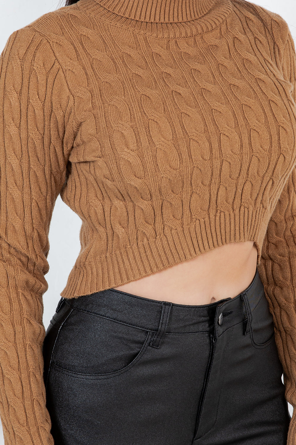Balboa Fashion Nala Cropped Cable Knit Turtleneck Sweater - Cocoa