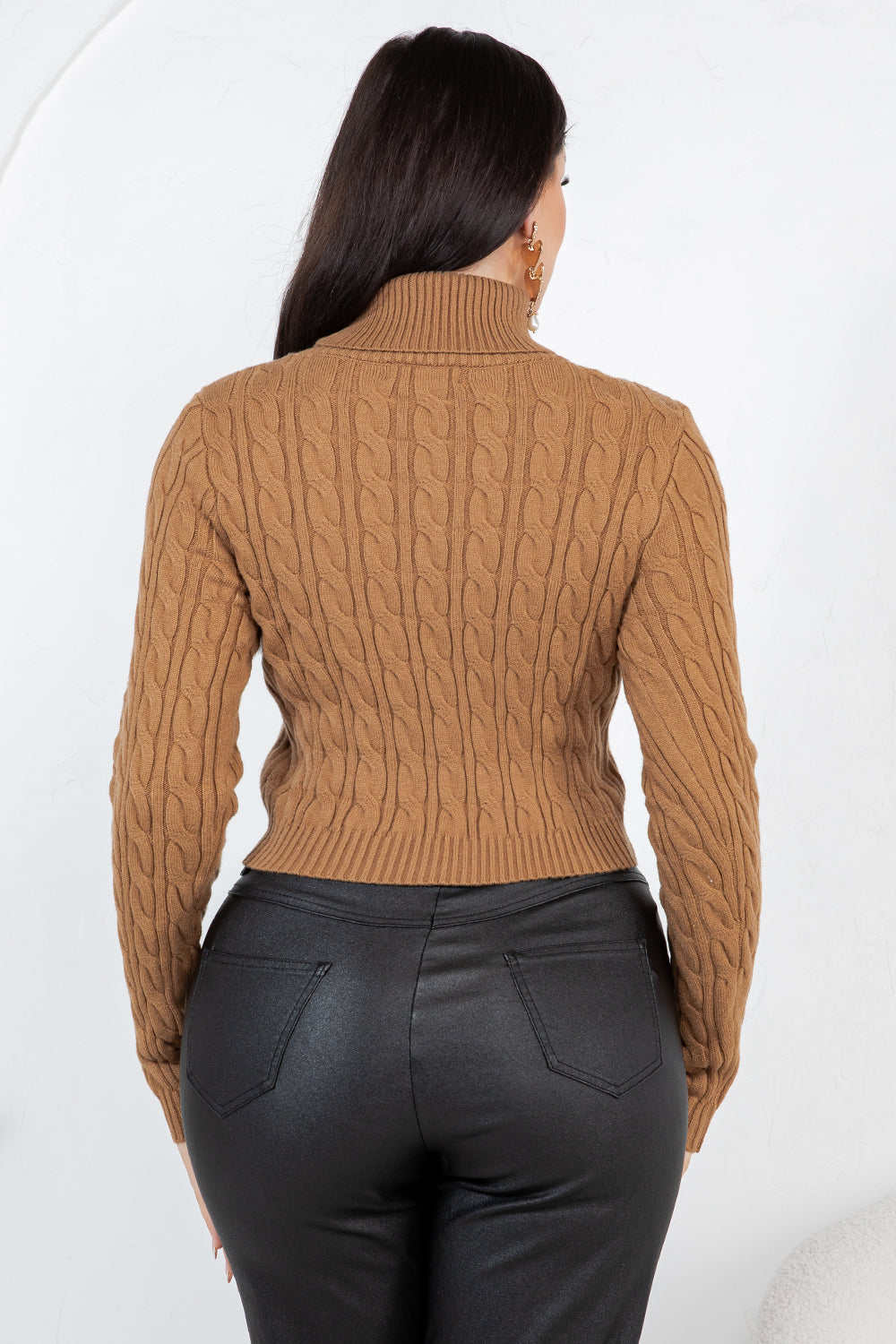 Balboa Fashion Nala Cropped Cable Knit Turtleneck Sweater - Cocoa