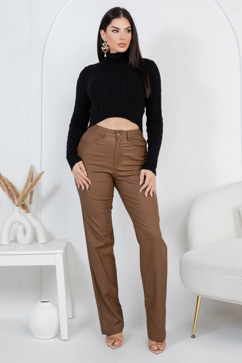 Balboa Fashion Nala Cropped Cable Knit Turtleneck Sweater - Black