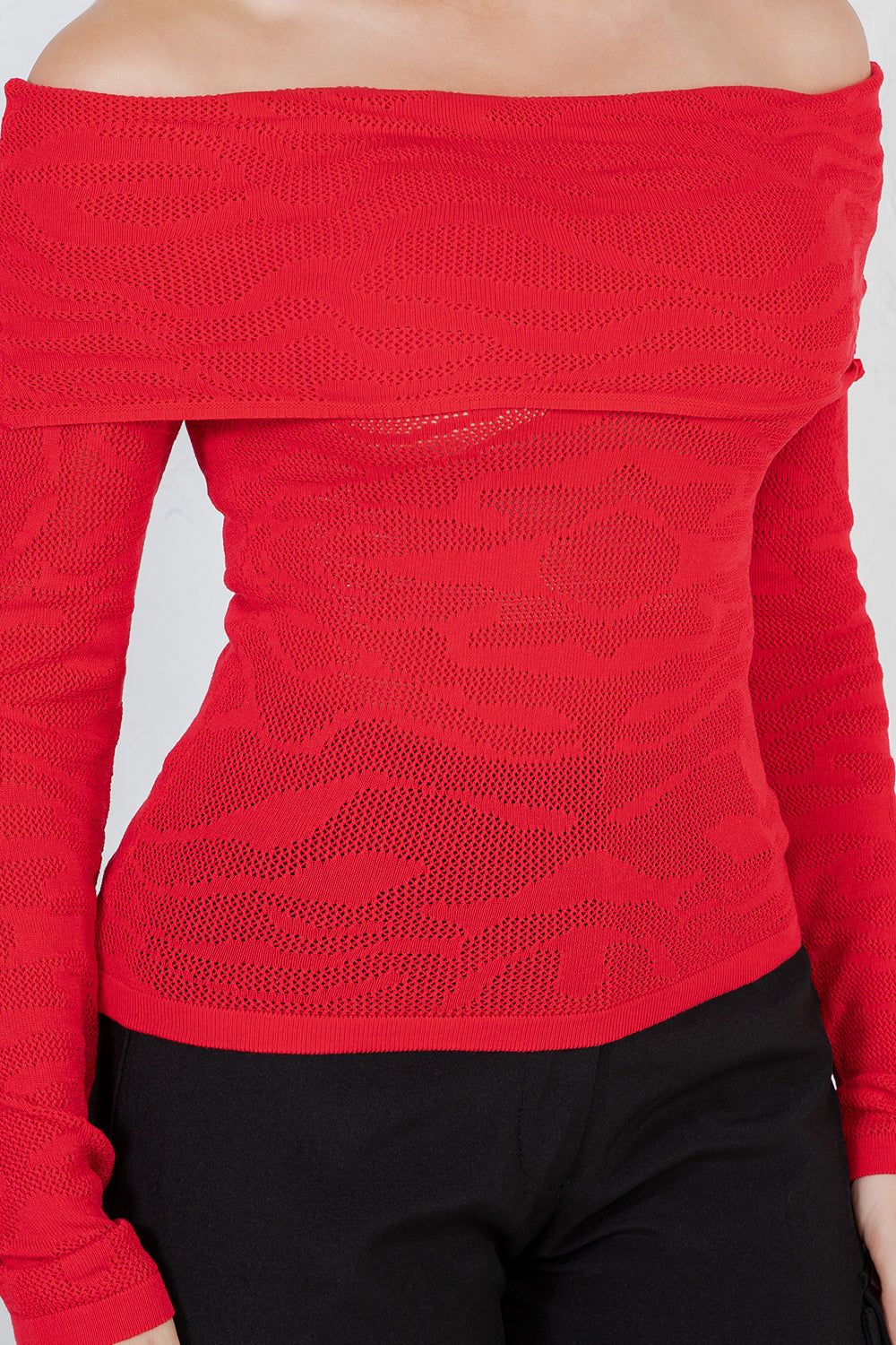 Balboa Fashion Amandea Off-Shoulder Animal Print Knit Top - Red