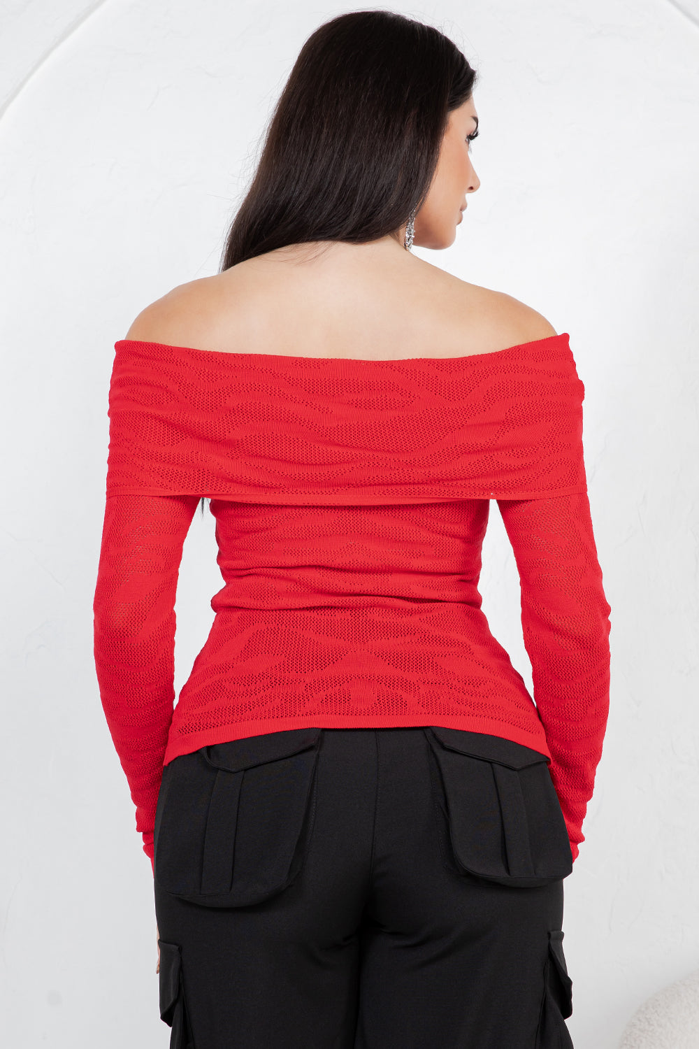 Balboa Fashion Amandea Off-Shoulder Animal Print Knit Top - Red