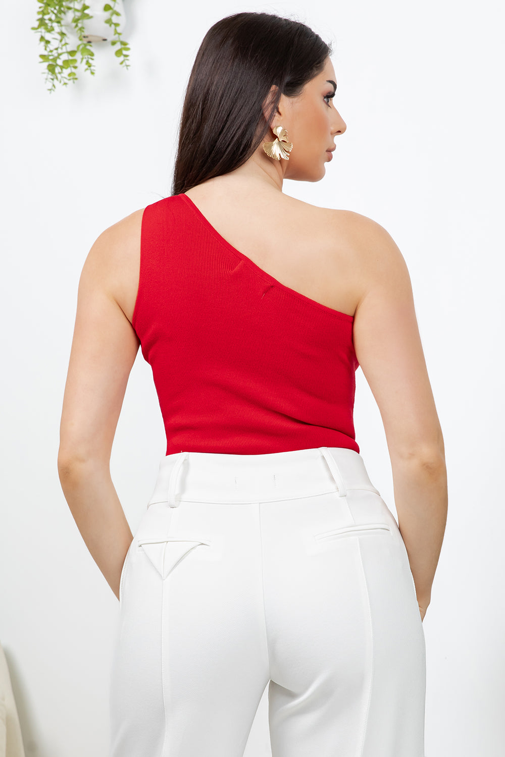 Balboa Fashion Dorotea One-Shoulder Knit Top with Rose Detail - Red
