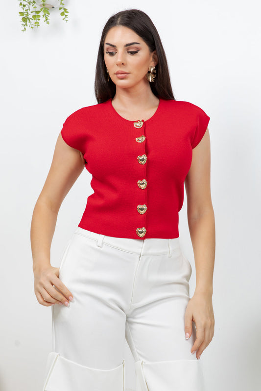 Balboa Fashion Durcal Heart-Button Knit Top - Red
