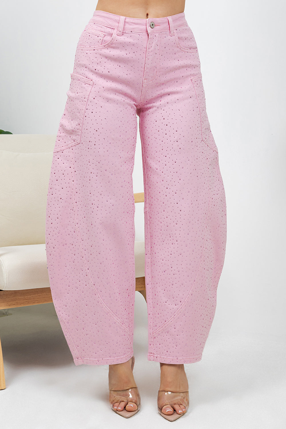 Balboa Fashion Farina Rhinestone Bubble Hem Jeans - Pink