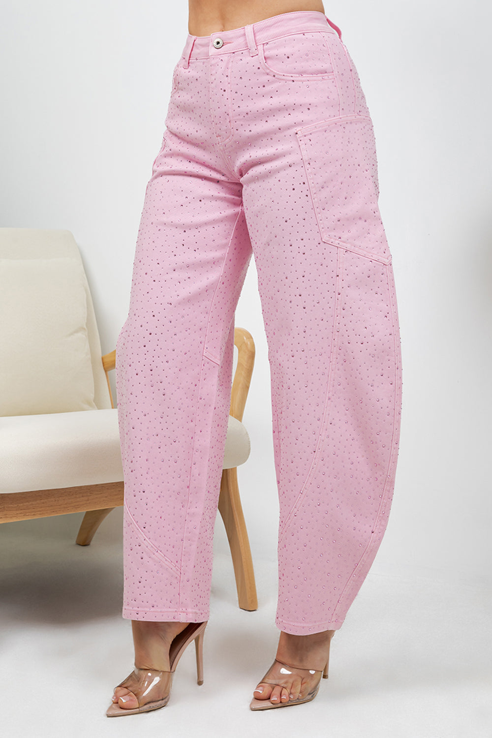 Balboa Fashion Farina Rhinestone Bubble Hem Jeans - Pink