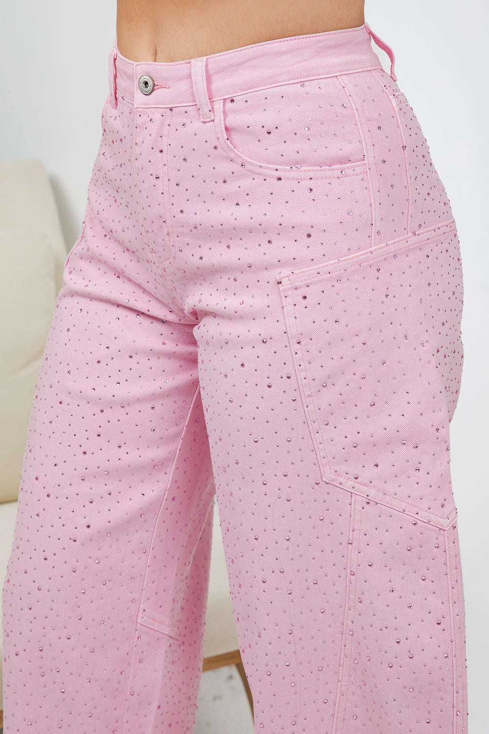 Balboa Fashion Farina Rhinestone Bubble Hem Jeans - Pink