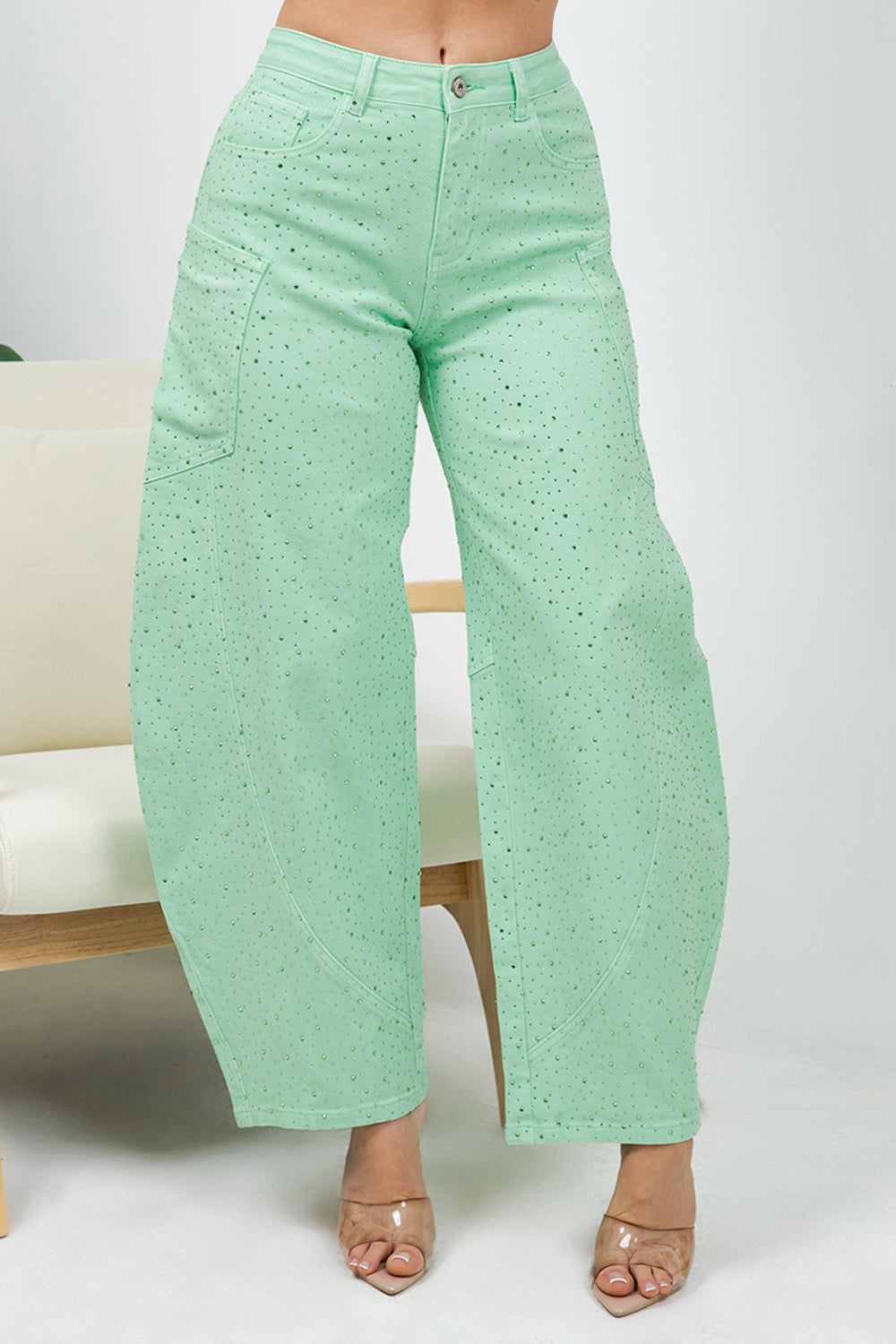Balboa Fashion Farina Rhinestone Bubble Hem Jeans - Mint