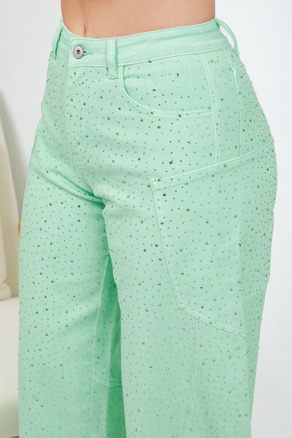 Balboa Fashion Farina Rhinestone Bubble Hem Jeans - Mint