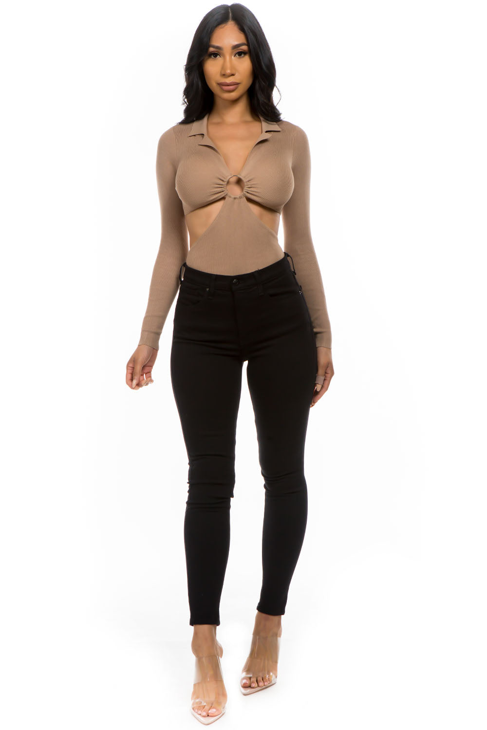 Balboa Fashion Ednada Long-Sleeve Open-Back Knit Bodysuit