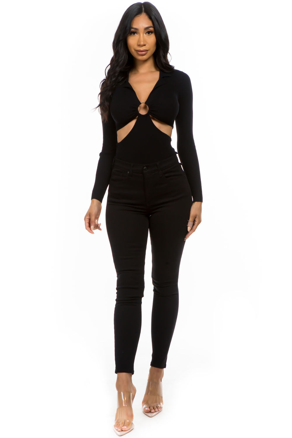 Balboa Fashion Ednada Long-Sleeve Open-Back Knit Bodysuit