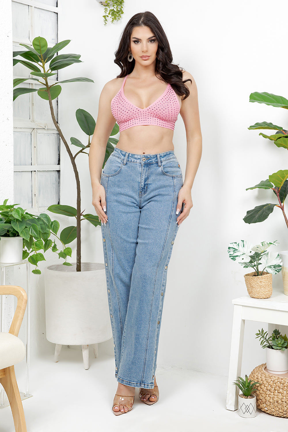 Balboa Fashion Melun Rhinestone Strap Crop Top - Pink