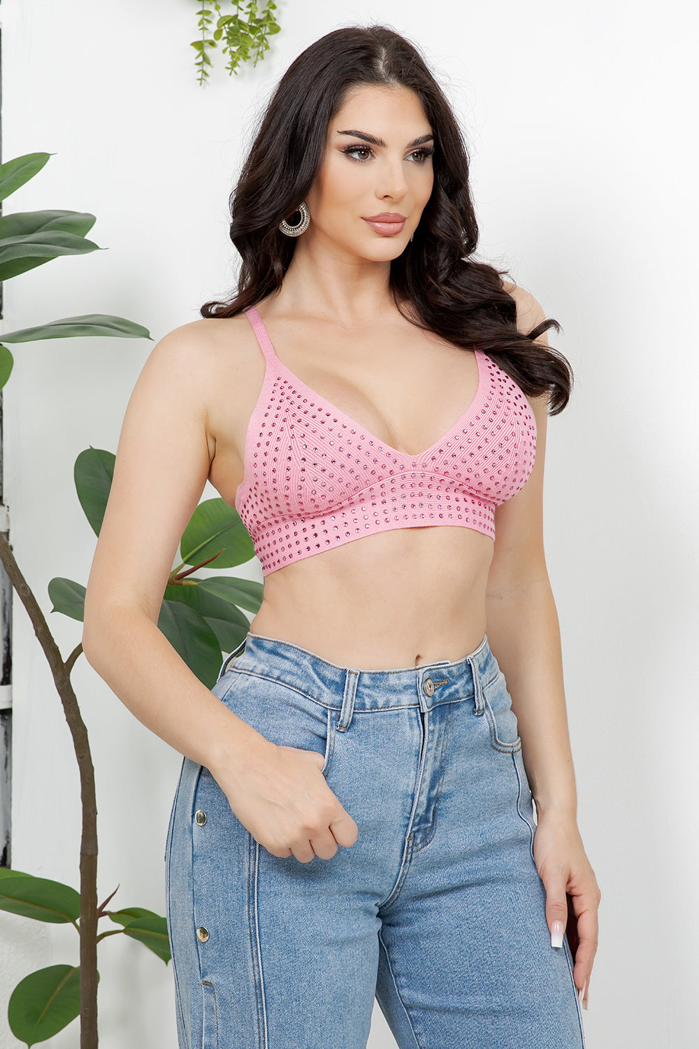 Balboa Fashion Melun Rhinestone Strap Crop Top - Pink