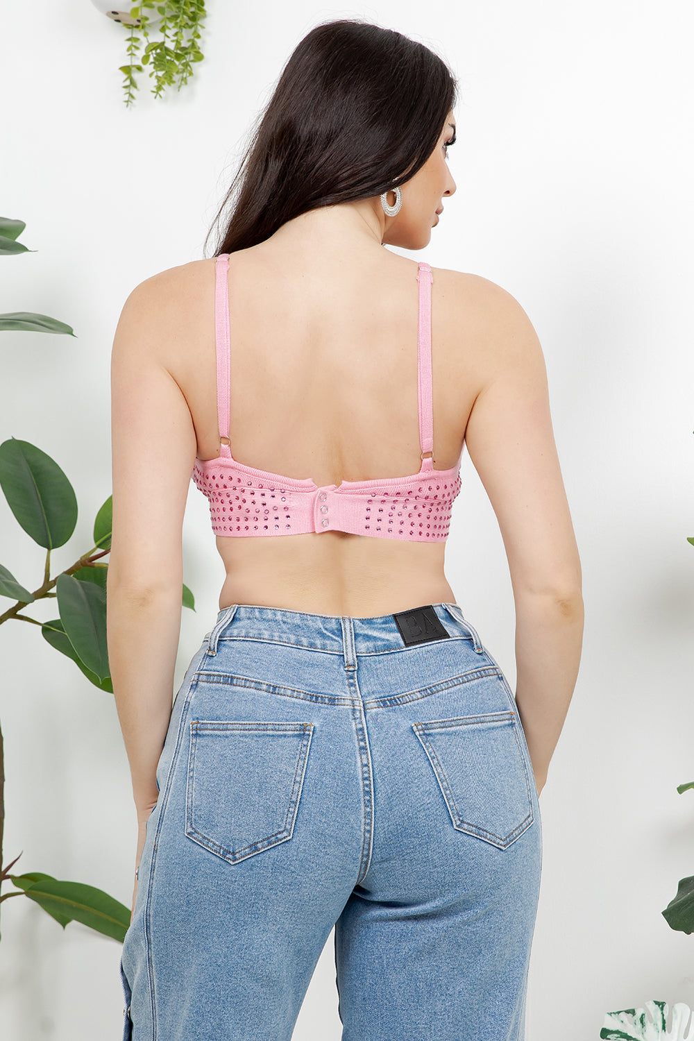 Balboa Fashion Melun Rhinestone Strap Crop Top - Pink