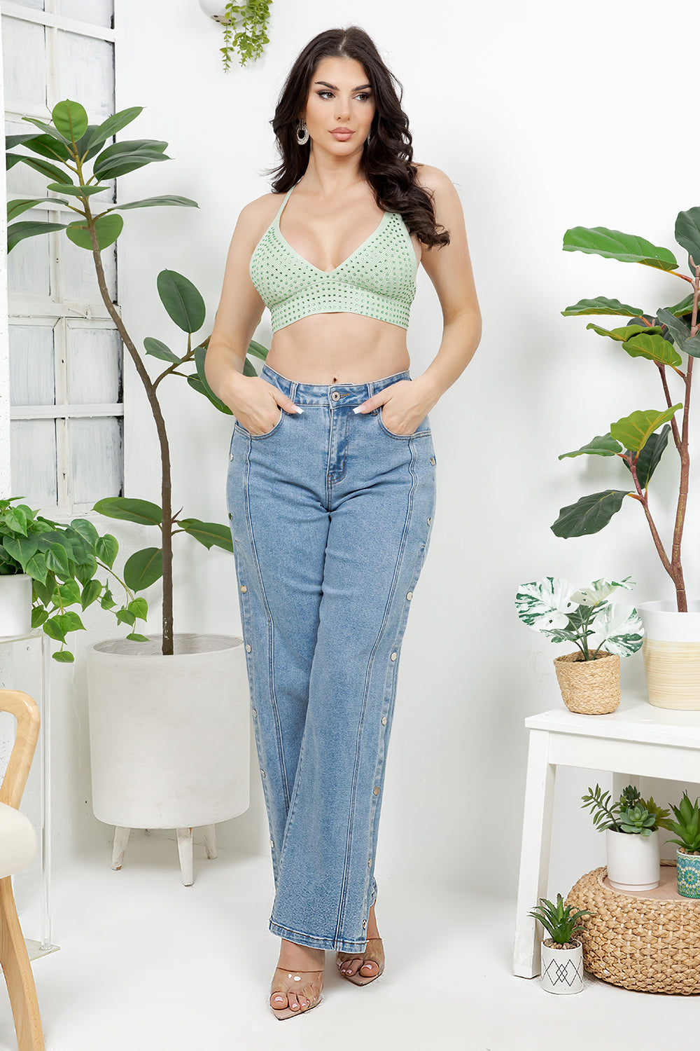 Balboa Fashion Melun Rhinestone Strap Crop Top - Mint