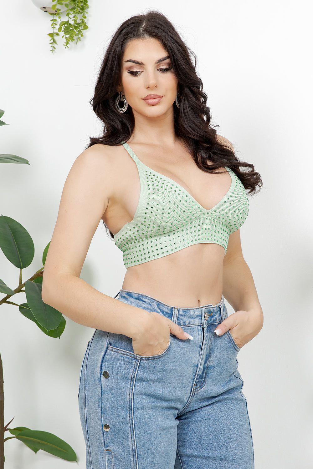 Balboa Fashion Melun Rhinestone Strap Crop Top - Mint