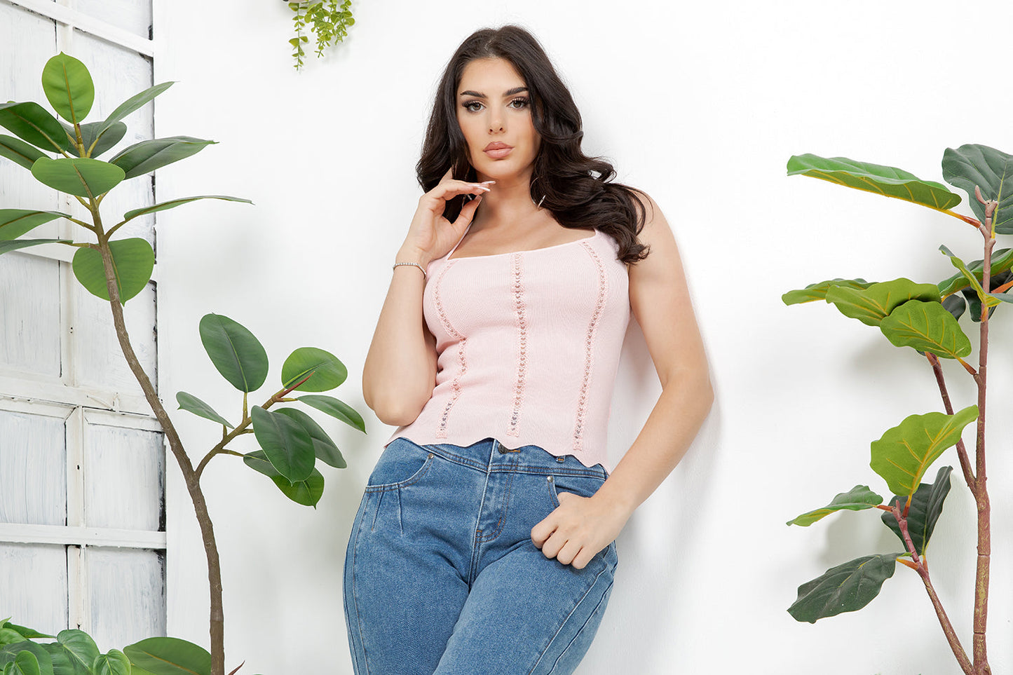 Balboa Fashion Arcangel Ribbed Lace-Trim Knit Top - Pink