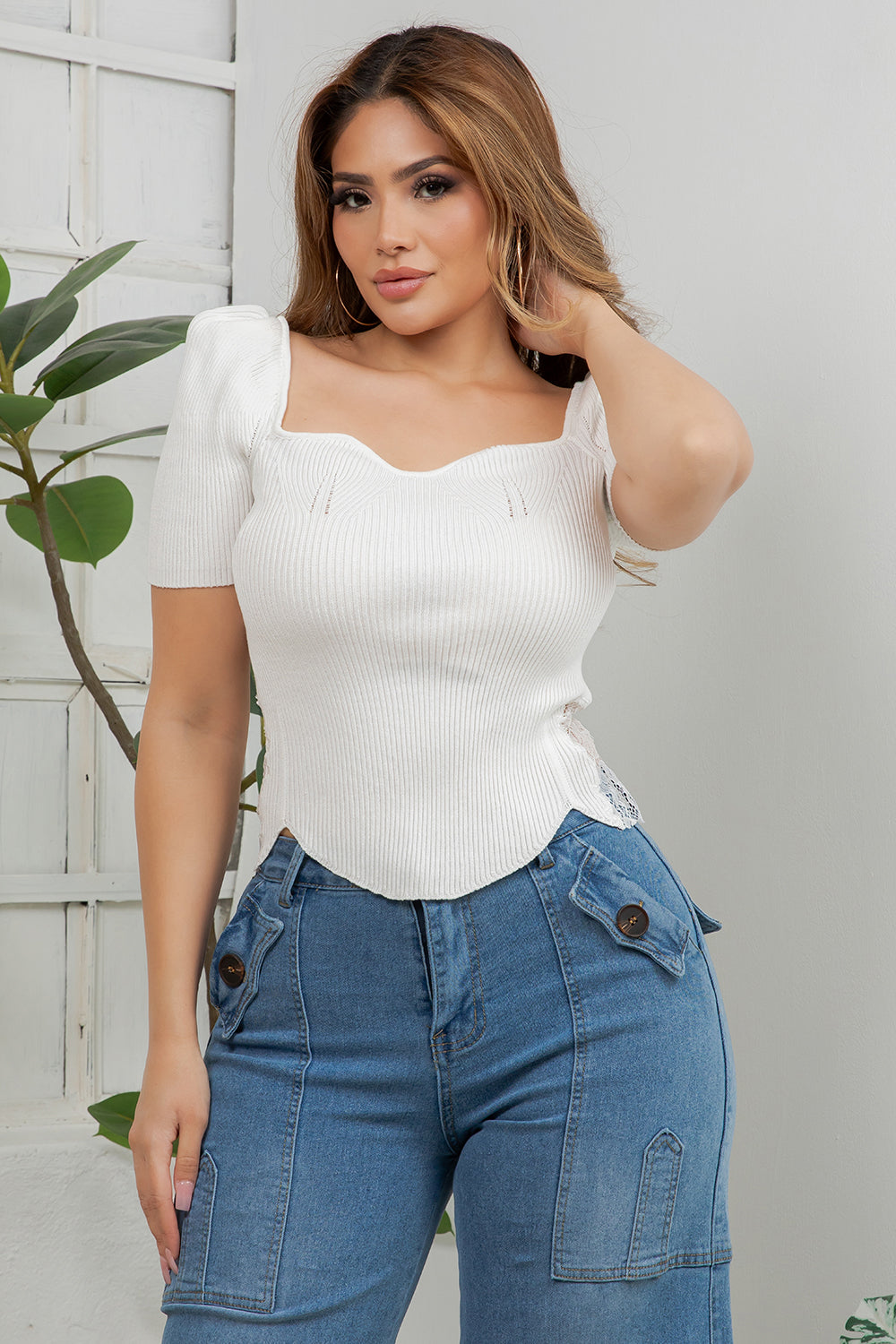 Balboa Fashion Concha Square-Neck Knit Top - Off White