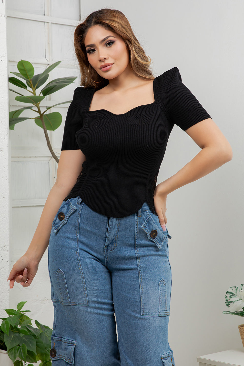Balboa Fashion Concha Square-Neck Knit Top - Black