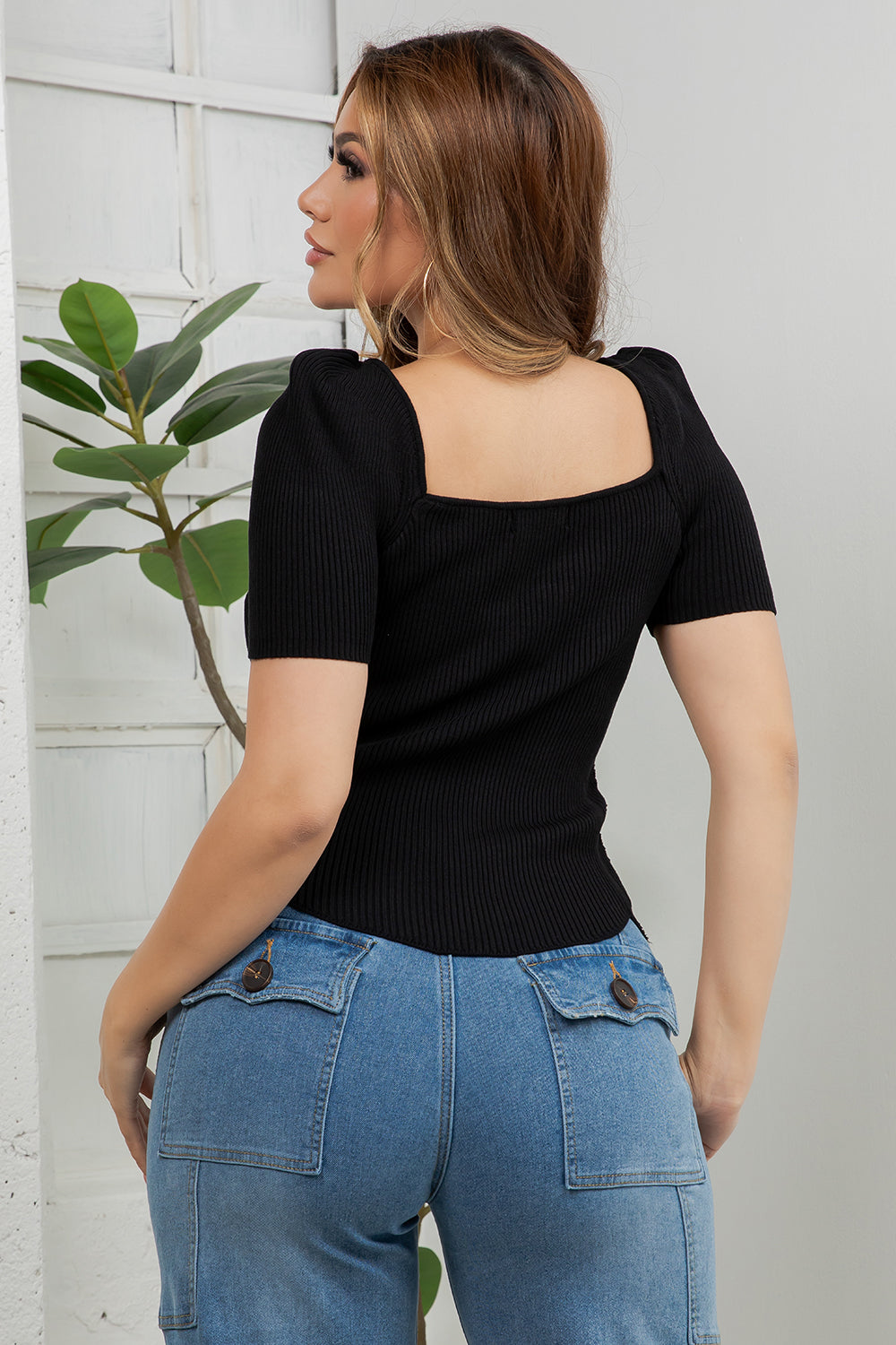 Balboa Fashion Concha Square-Neck Knit Top - Black