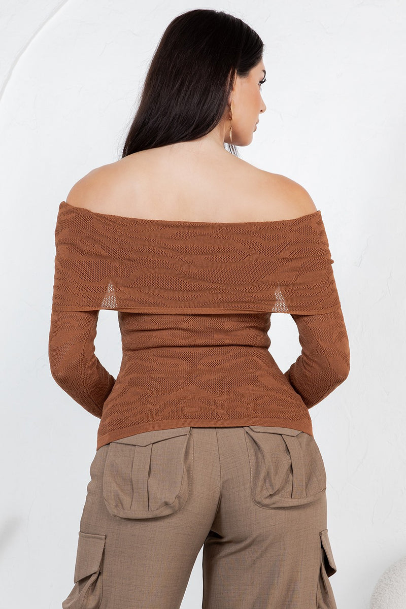 Amandea animal print off shoulder knit long sleeve top