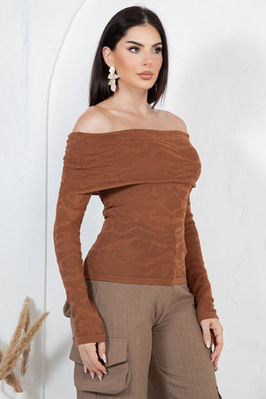 Amandea animal print off shoulder knit long sleeve top