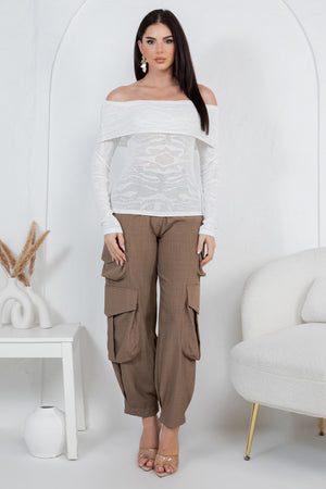 Amandea animal print off shoulder knit long sleeve top