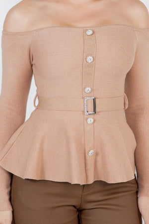 Benedetta  long sleeve open shoulder cinched waist blouse