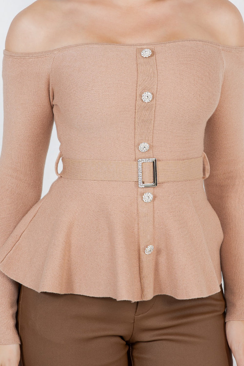 Benedetta  long sleeve open shoulder cinched waist blouse