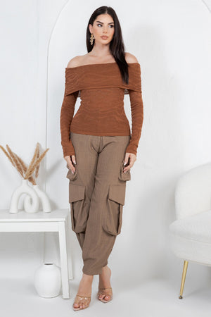 Amandea animal print off shoulder knit long sleeve top