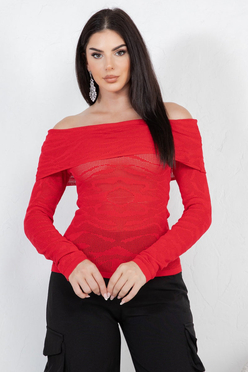 Amandea animal print off shoulder knit long sleeve top