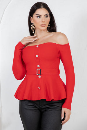 Benedetta  long sleeve open shoulder cinched waist blouse