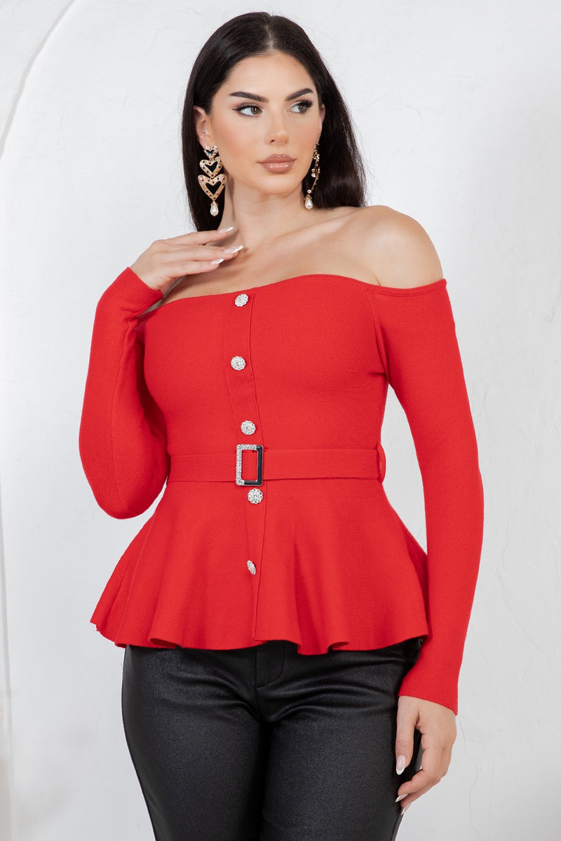 Benedetta  long sleeve open shoulder cinched waist blouse