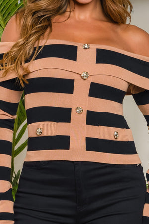 Laon stripe off shoulder long sleeve knit top