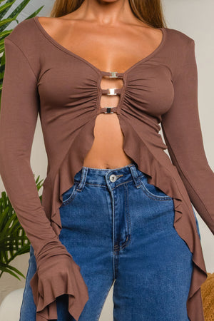 Asymmetrical ruffle long sleeve top